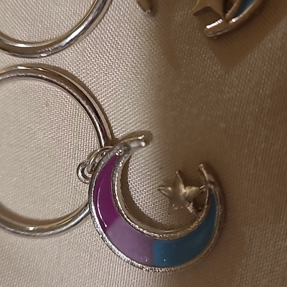 Cute Moon Earrings from Hot Topic, Silver tone & enamel, blue/purple pink hoops